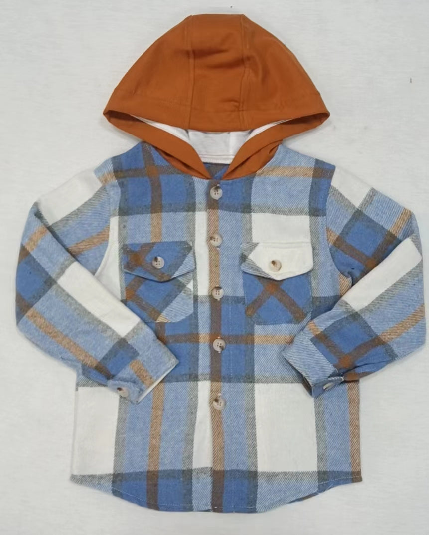 Baby kids blue plaid hoodie pocket Flannel shirts Tops