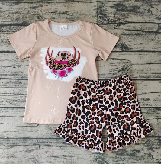 Baby girls western brown leopard summer shorts sets