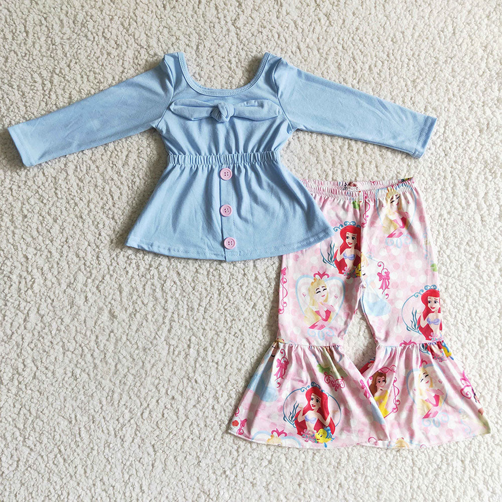 Baby girls fall princess blue top bow bell pants sets