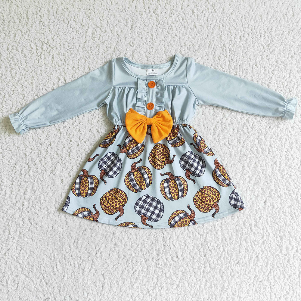 Baby girls fall pumpkin bow long sleeve dresses