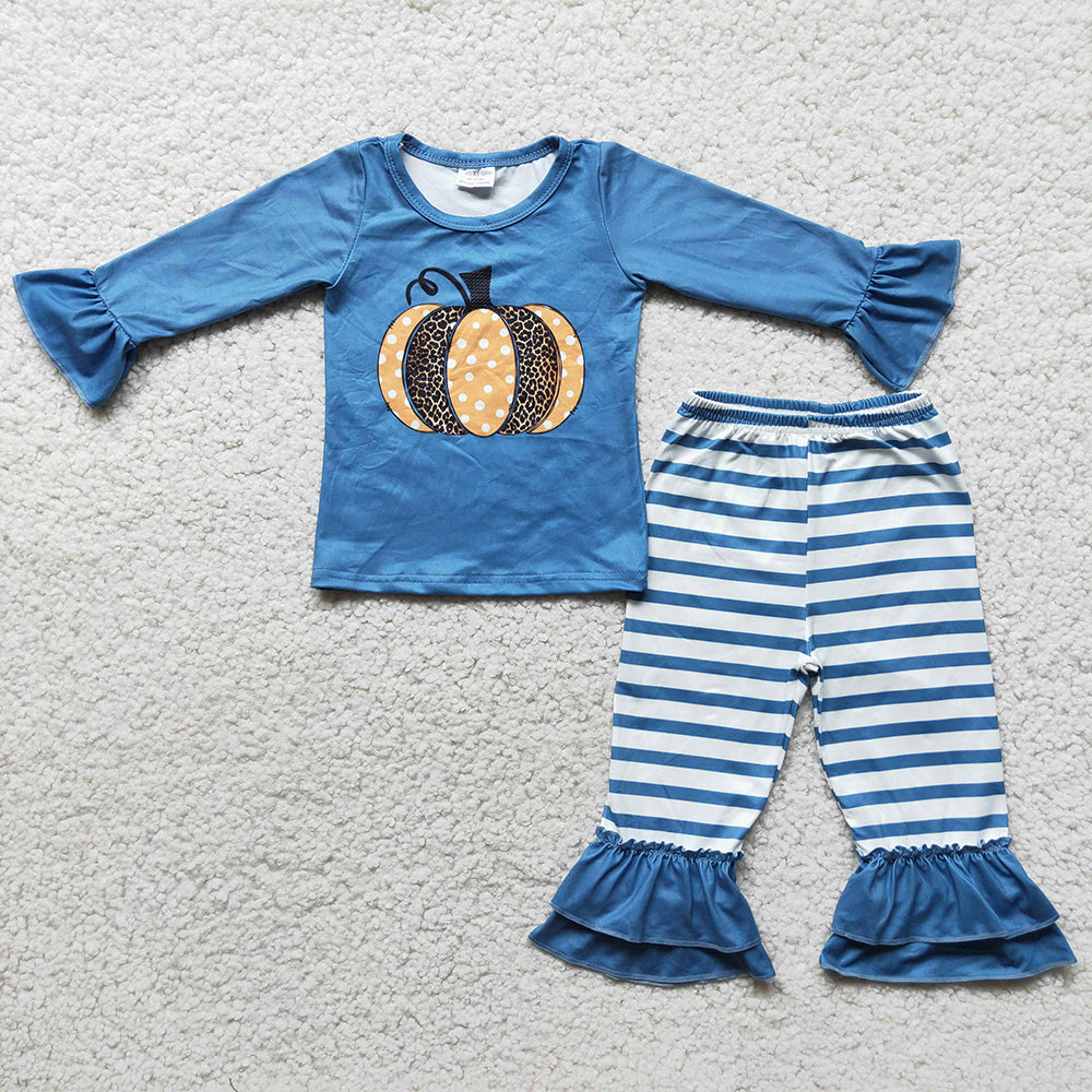Fall pumpkin blue baby girls outfits clothing sets