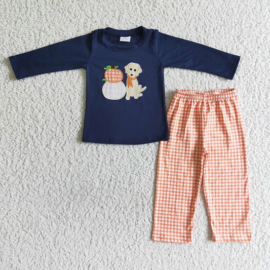 Baby boys dog pumpkin plaid pants clothes sets