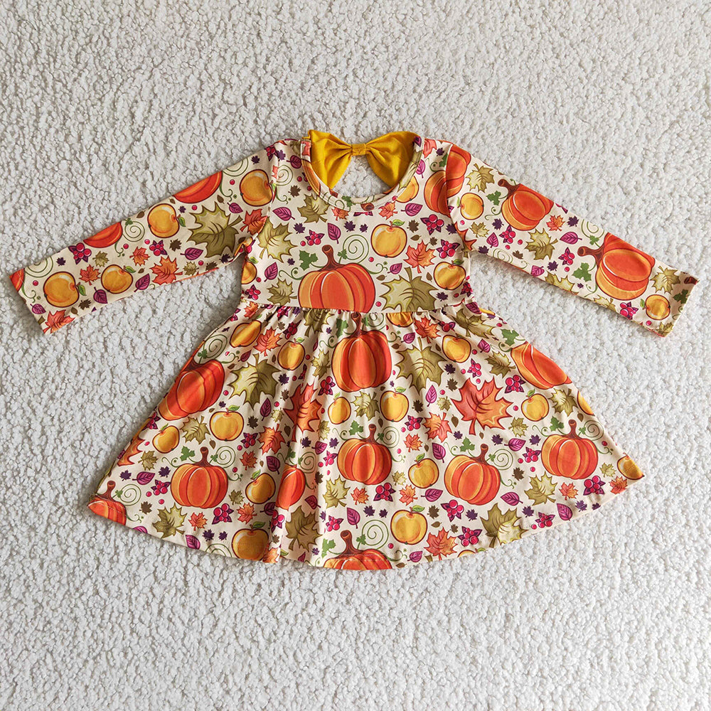 Baby girls Fall pumpkin leaves knee length dresses