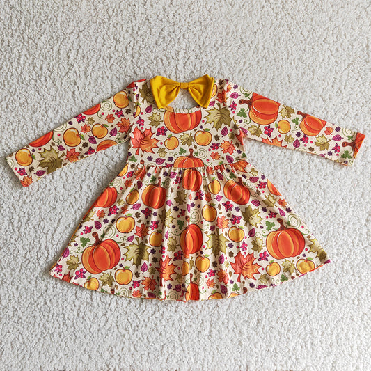 Baby girls Fall pumpkin leaves knee length dresses