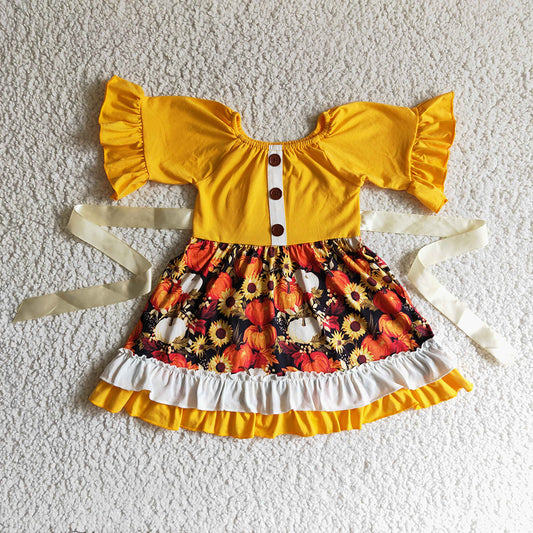 Baby girls fall pumpkin belt floral dresses