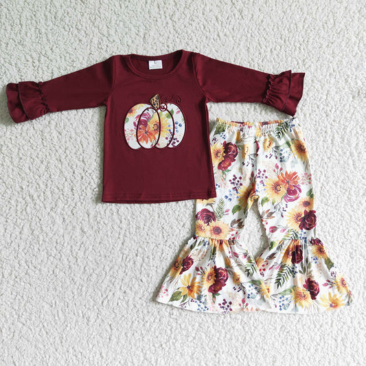 Baby Girls maroon floral pumpkin embroidered pants clothing