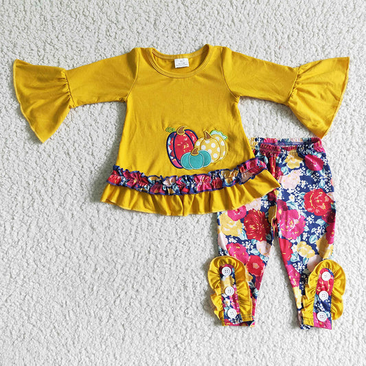 Baby Girls pumpkin embroidered floral legging outfits sets