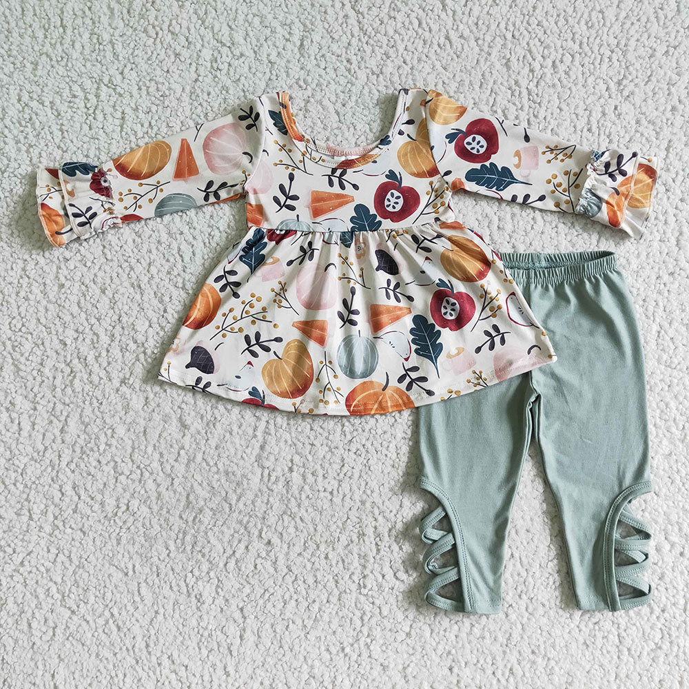 Fall baby girls green pumpkin tunic legging clothes sets