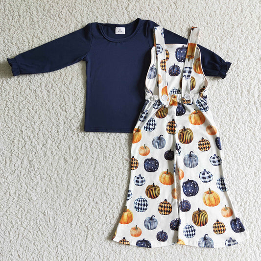 Baby girls navy top pumpkin overall fall clothes sets