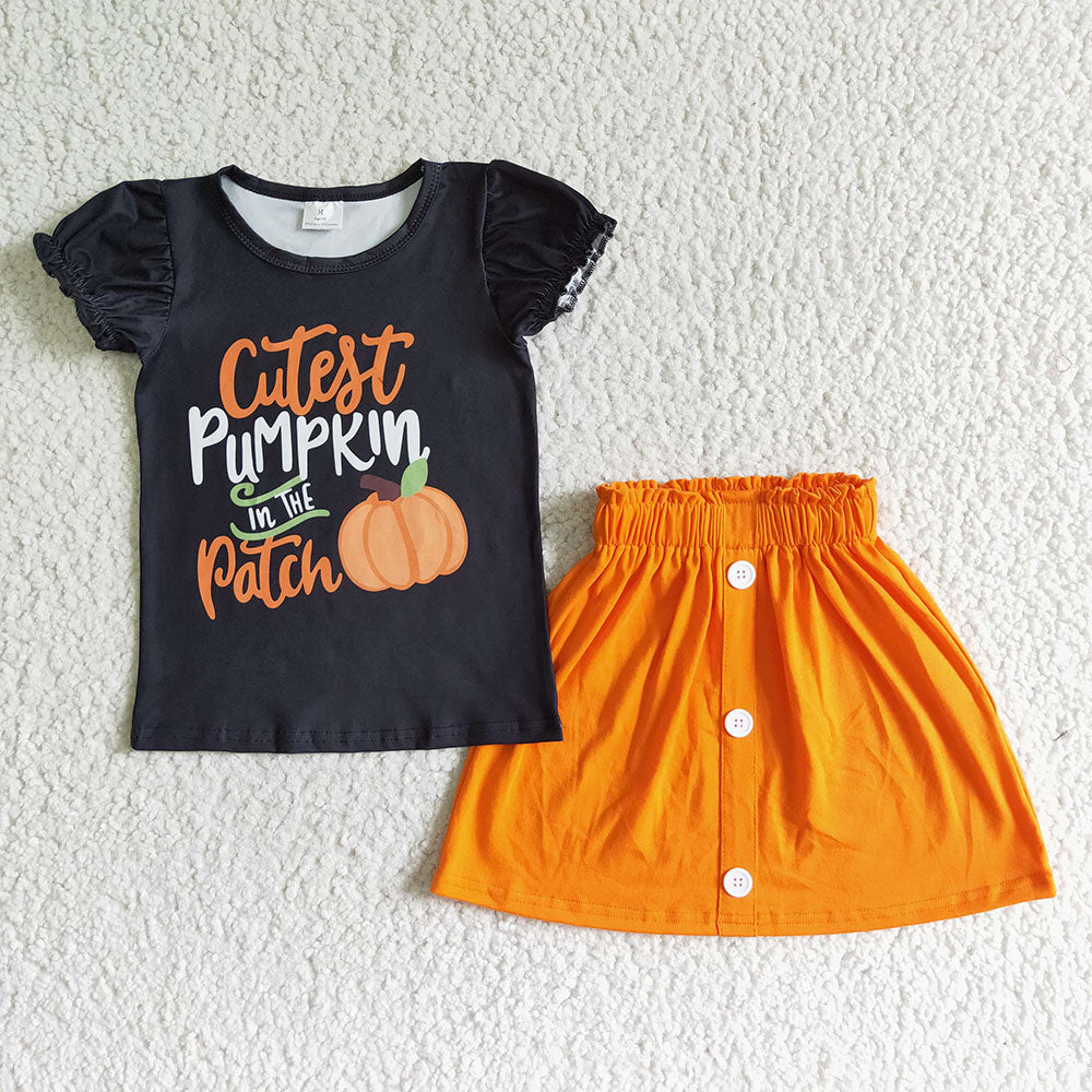 Cutest pumpkin in the patch baby girls black top skirt sets