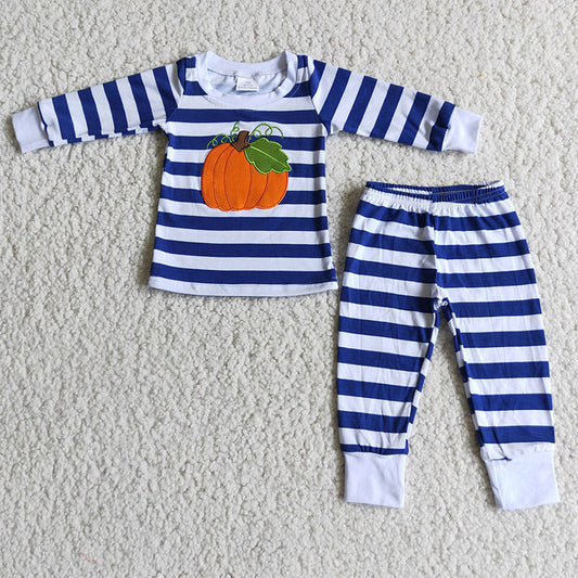 Baby Kids Children Blue Stripe Pumpkin Fall Pajamas