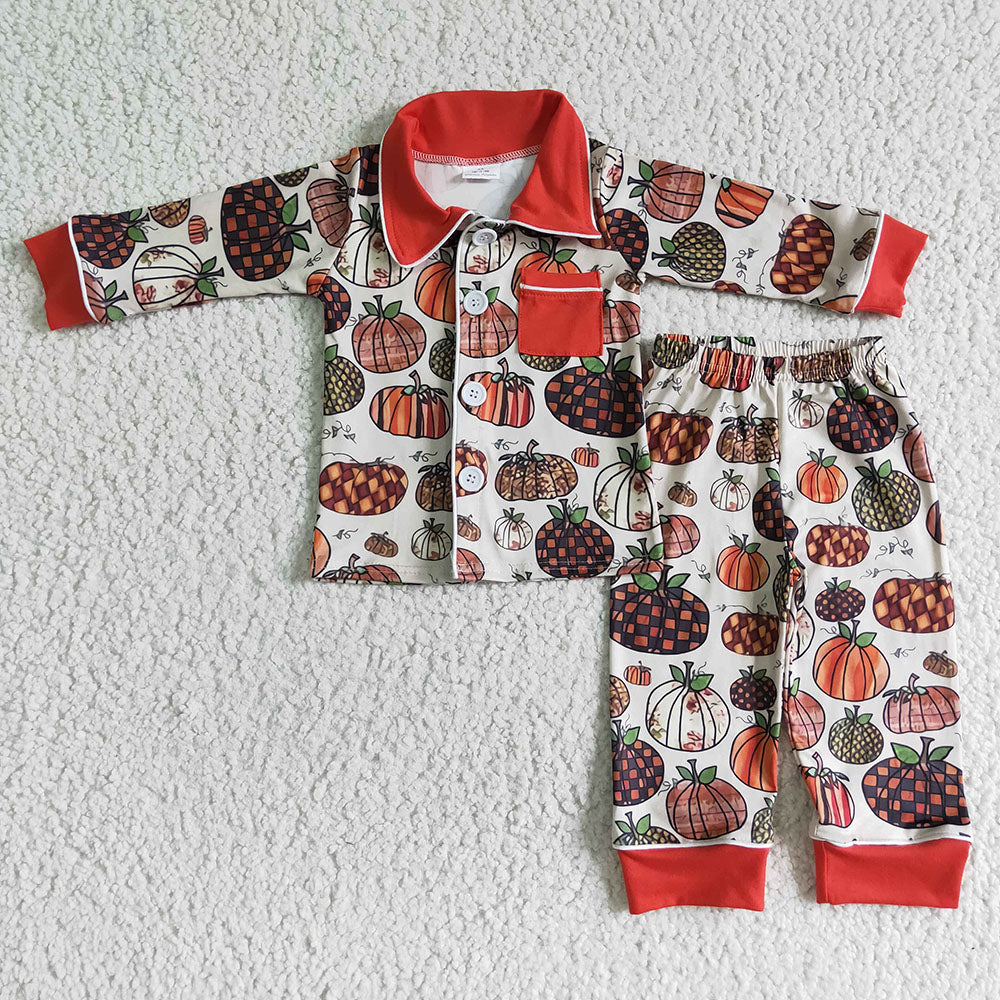 Baby boys pumpkin fall buttons up pajamas pants sets