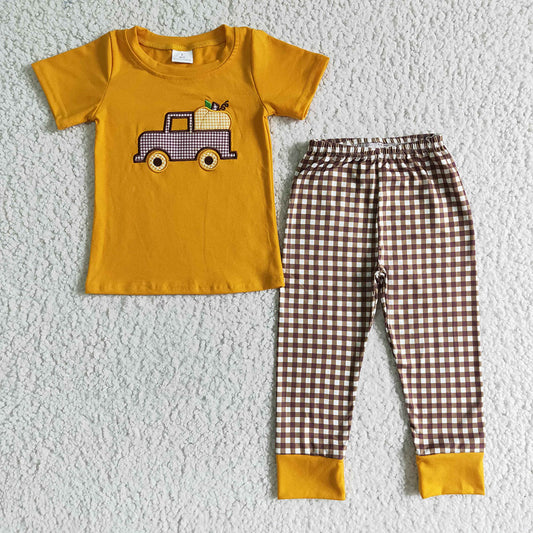 Baby Boys pumpkin tractor embroidered pants sets