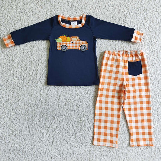 Baby boys pumpkin tractor plaid pants sets