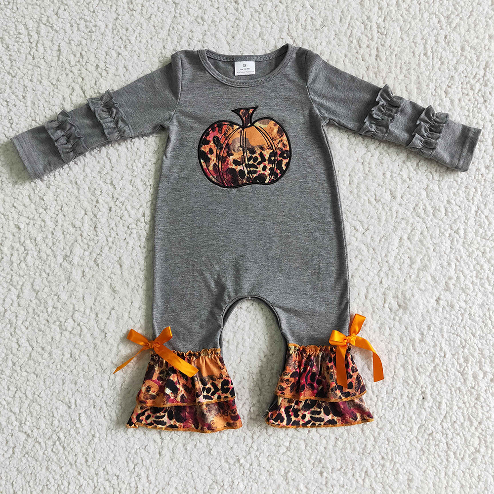 Baby girls grey pumpkin fall ruffle rompers