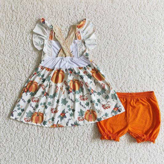 baby girls orange pumpkin floral shorts sets