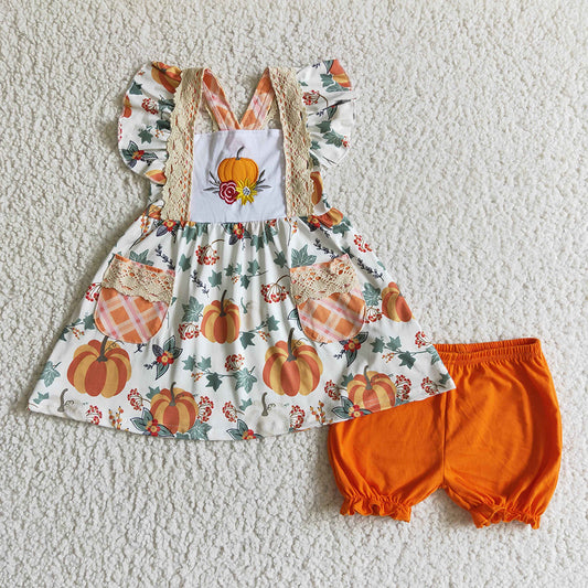 baby girls orange pumpkin floral shorts sets