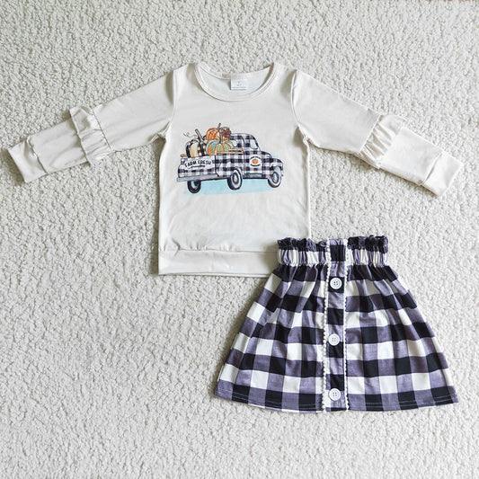 Baby girls fall pumpkin plaid skirts sets