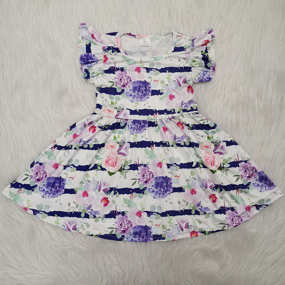 Purple flower puffy sleeves dresses