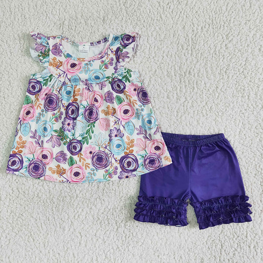 Baby girls summer flutter sleeve purple floral tunic icing shorts sets