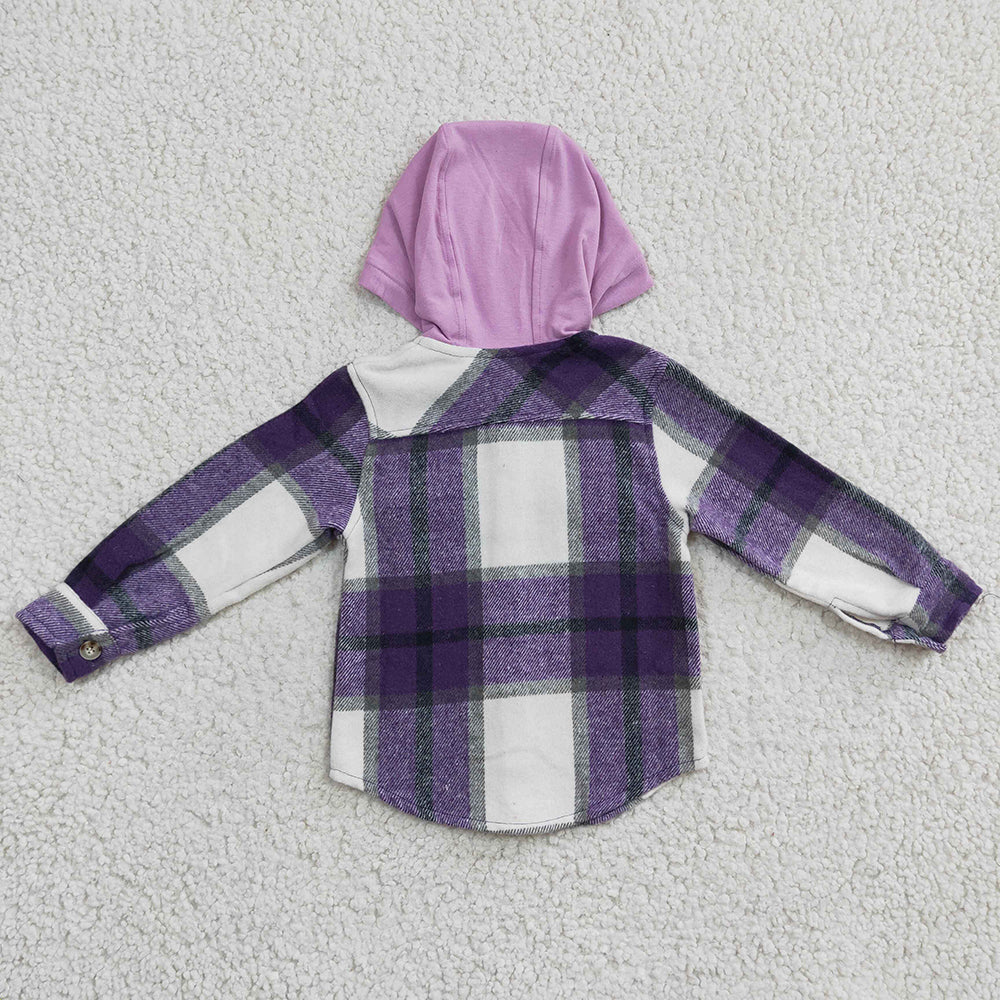 Baby kids Girls Purple plaid hoodie pocket Flannel shirts Tops