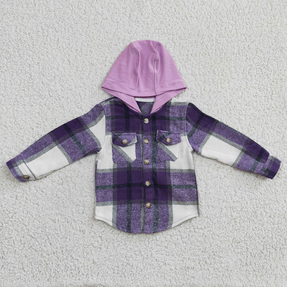 Baby kids Girls Purple plaid hoodie pocket Flannel shirts Tops