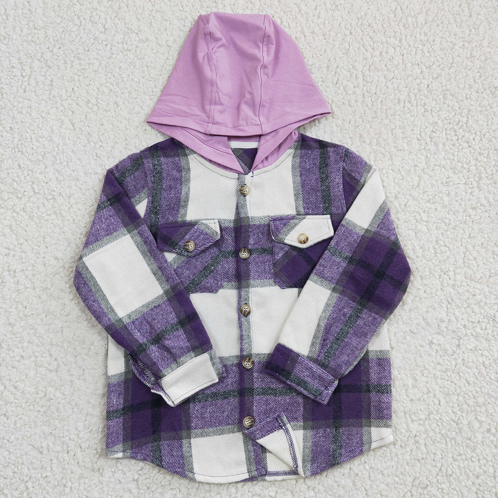 Baby kids Girls Purple plaid hoodie pocket Flannel shirts Tops