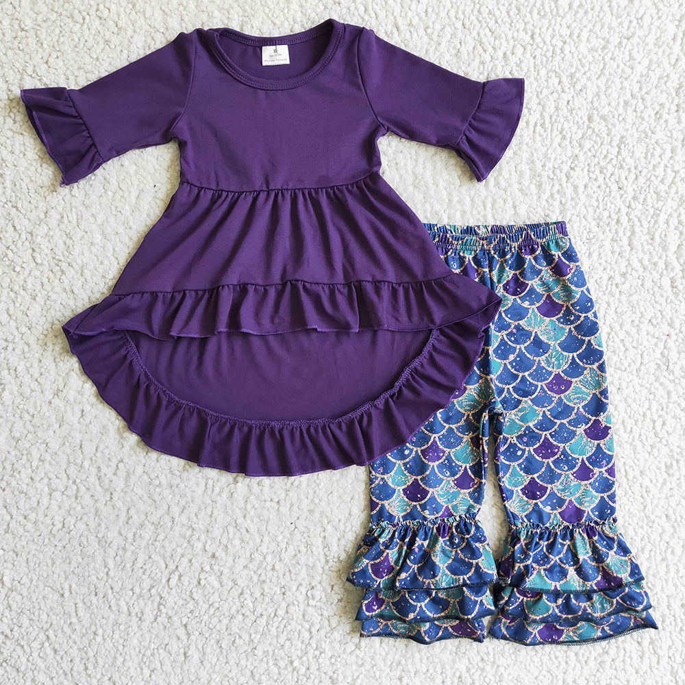 Baby Girls Purple Mermaid Scale Hi-low Top Ruffle Pants Sets