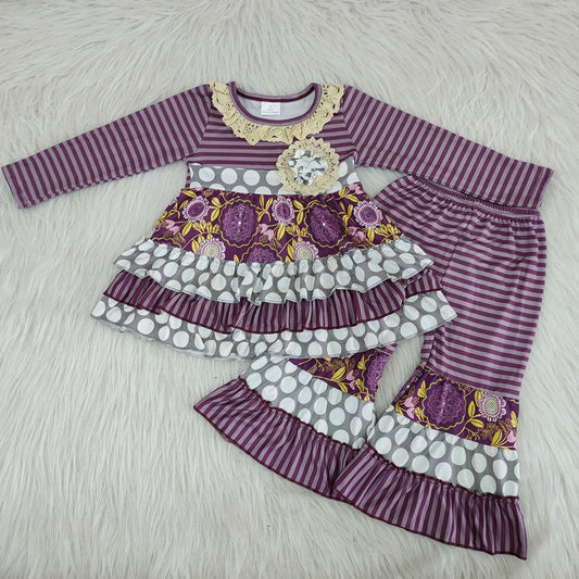 Purple stripe bell pants sets