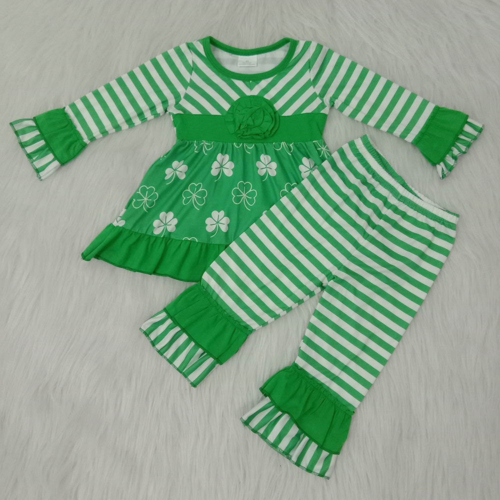 St Patrick stripe green ruffle pants sets