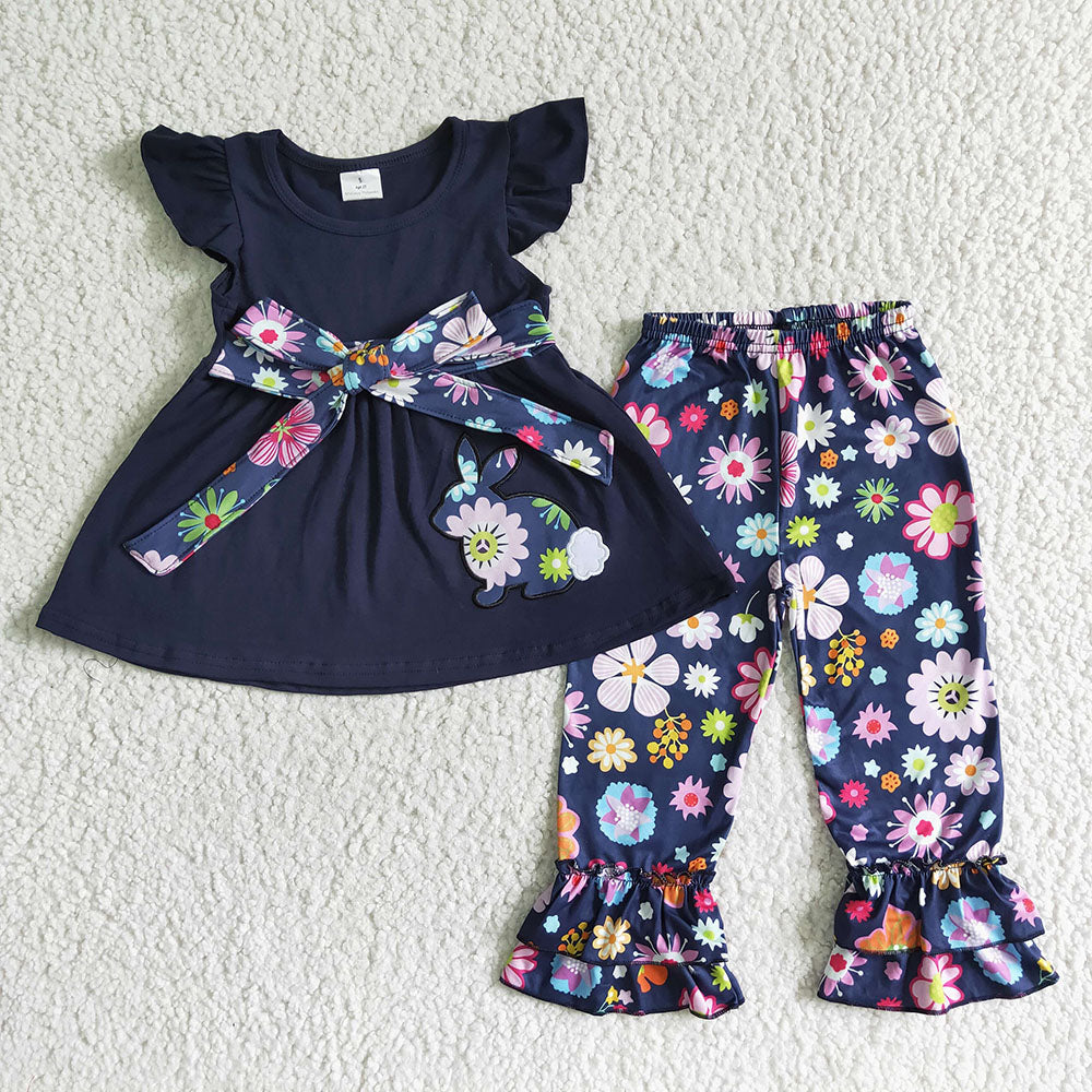 Baby Girls bunny floral navy pants sets