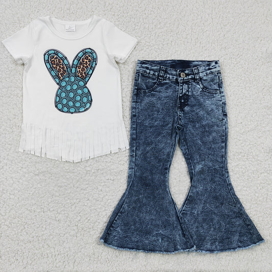 Baby Girls Easter Turquoise Bell Denim Pants Clothes Sets