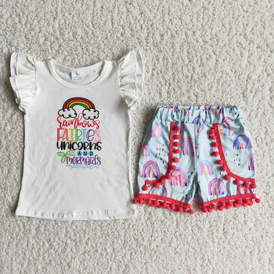 Rainbow letter pompom exquisite ruffles Shorts sets