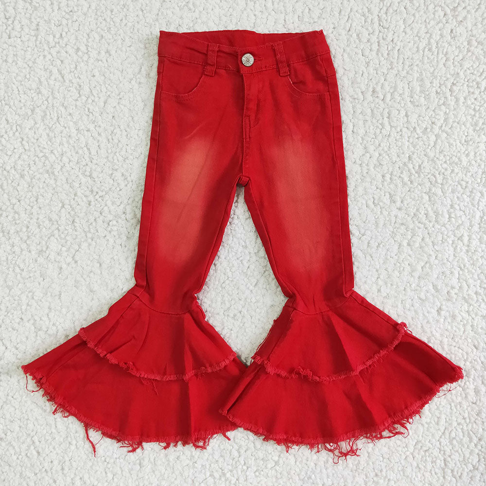 Baby girls red color double ruffle denim jeans pants