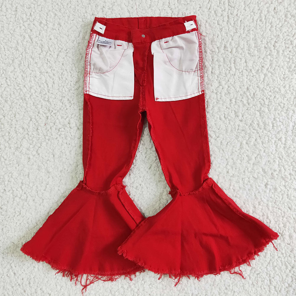 Baby girls red color double ruffle denim jeans pants