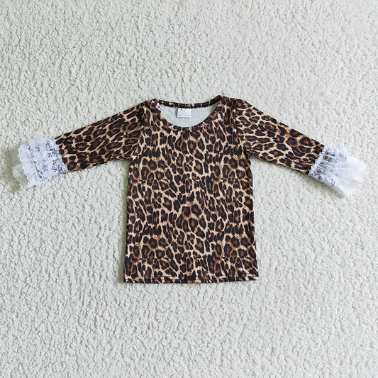 Baby girls long sleeve leopard lace ruffle shirts