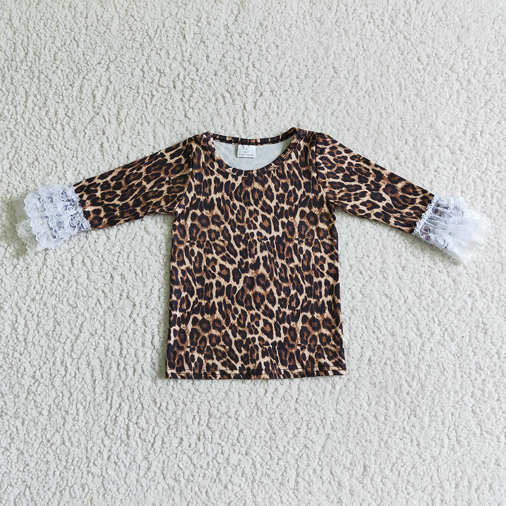 Baby girls long sleeve leopard lace ruffle shirts