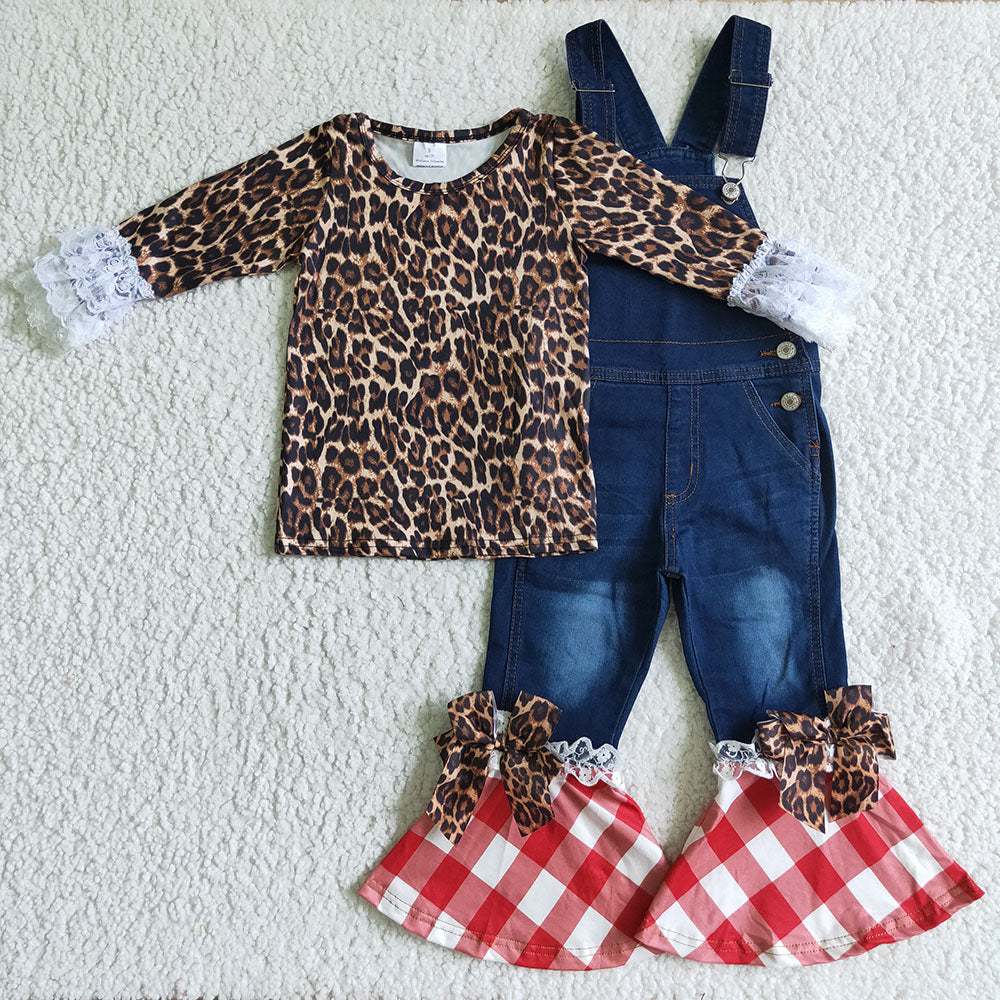 Baby Girls Christmas leopard red place overall 2pcs sets