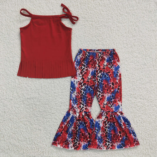 Baby Girls Red Tassel Tops 4th Of July Bell Bottom Pants Sets