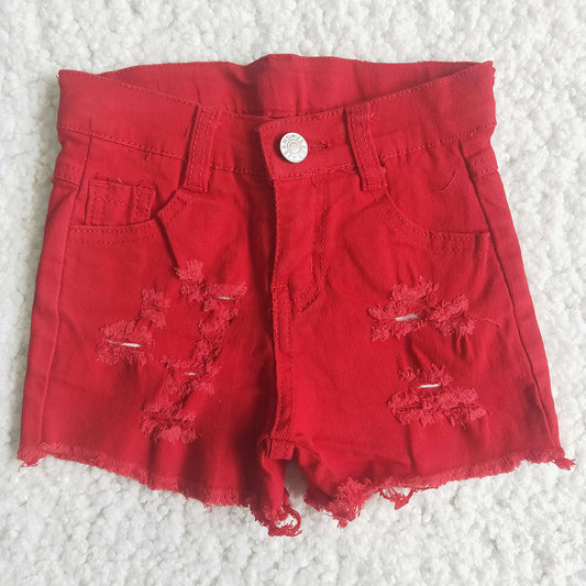Baby Girls red distressed denim shorts