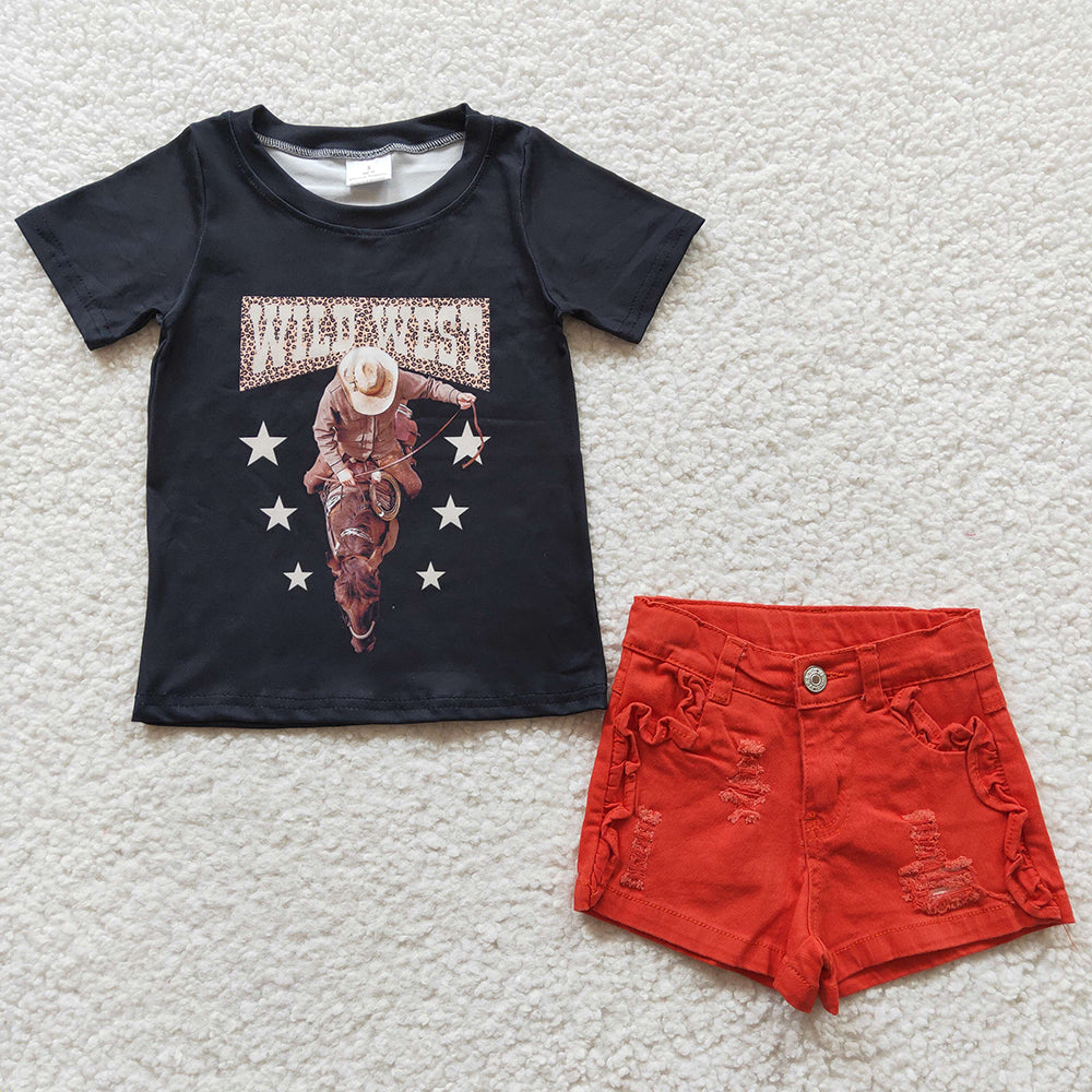 Baby Girls Black Wild West Shirts Denim Shorts clothes sets