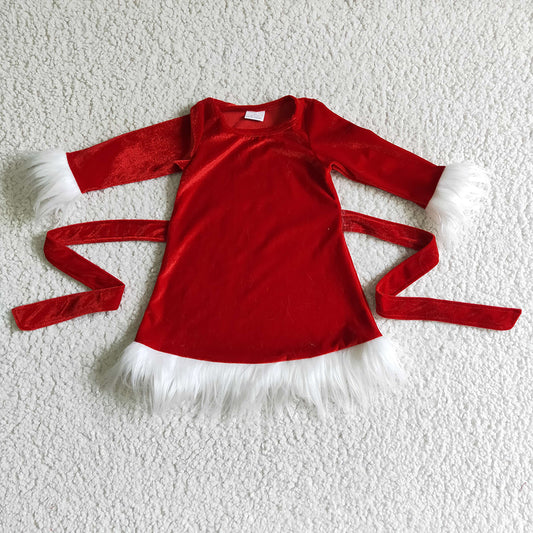 Baby girls Christmas red belt velvet long sleeve dresses