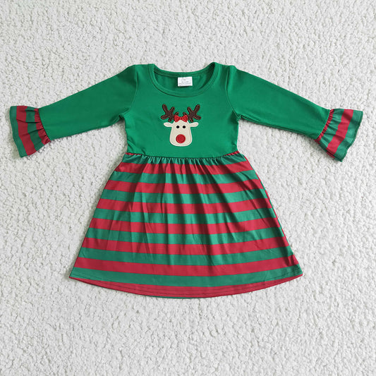 Christmas reindeer embroidery green red baby girls dresses