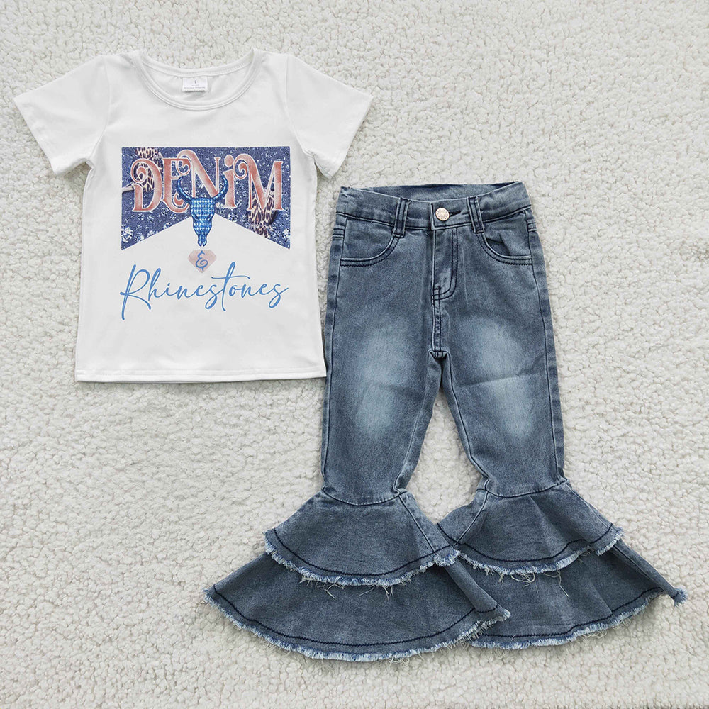 Baby Girls Rhinestone Shirt Navy Bell Denim Pants clothes sets(can choose belt here)