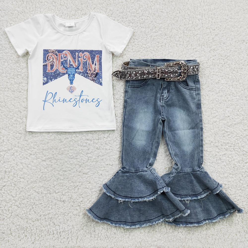 Baby Girls Rhinestone Shirt Navy Bell Denim Pants clothes sets(can choose belt here)