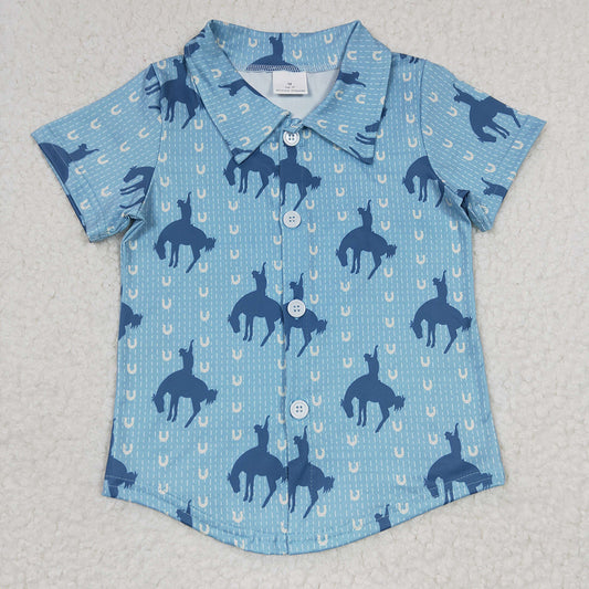 Baby Boys Western Blue Horse Short Sleeve Shirts Tops