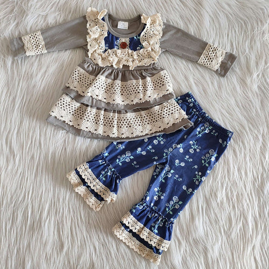 Baby Girls navy floral pants lace fall outfits clothes sets
