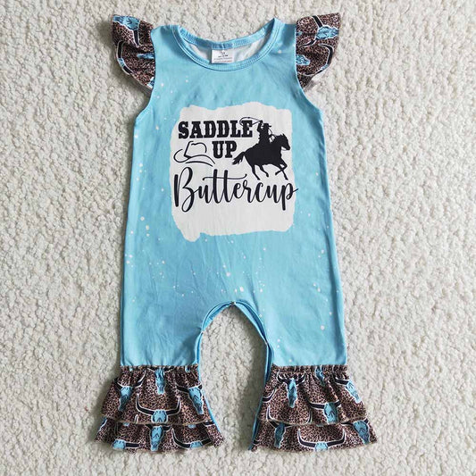 Baby girls saddle up western blue ruffle rompers