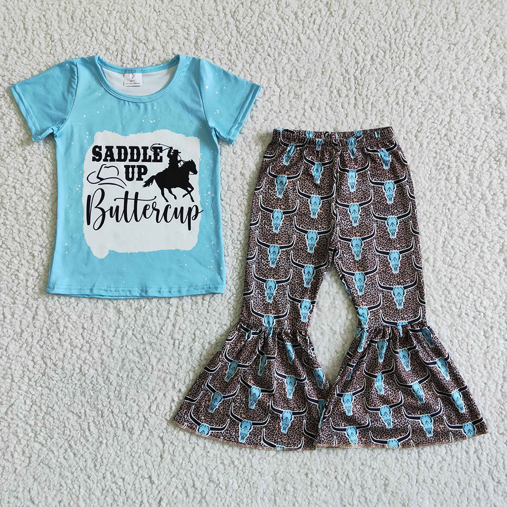 Baby Girls Saddle Up western blue color bell pants clothing sets