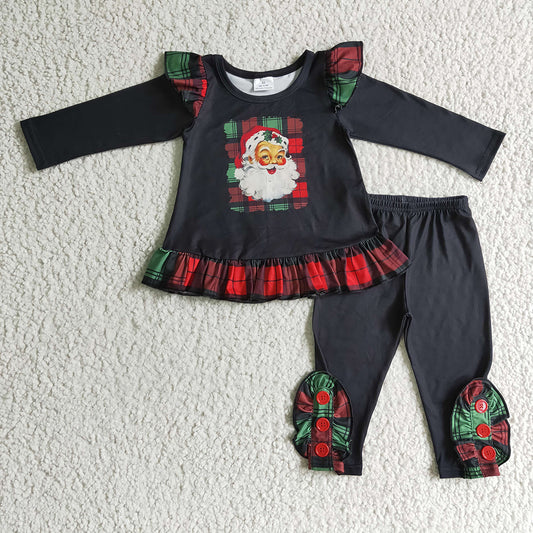 Baby girls black red plaid santa Christmas ruffle pants clothes sets